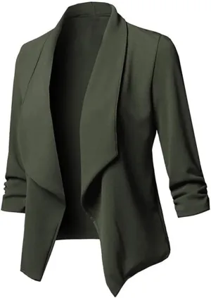 Womens Blazer Stretch 3/4 Gathered Sleeve Open Front Blazer Jackets Casual Lightweight Thin Work Office Blazers