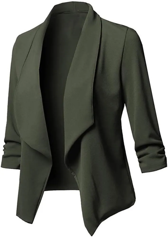 Womens Blazer Stretch 3/4 Gathered Sleeve Open Front Blazer Jackets Casual Lightweight Thin Work Office Blazers