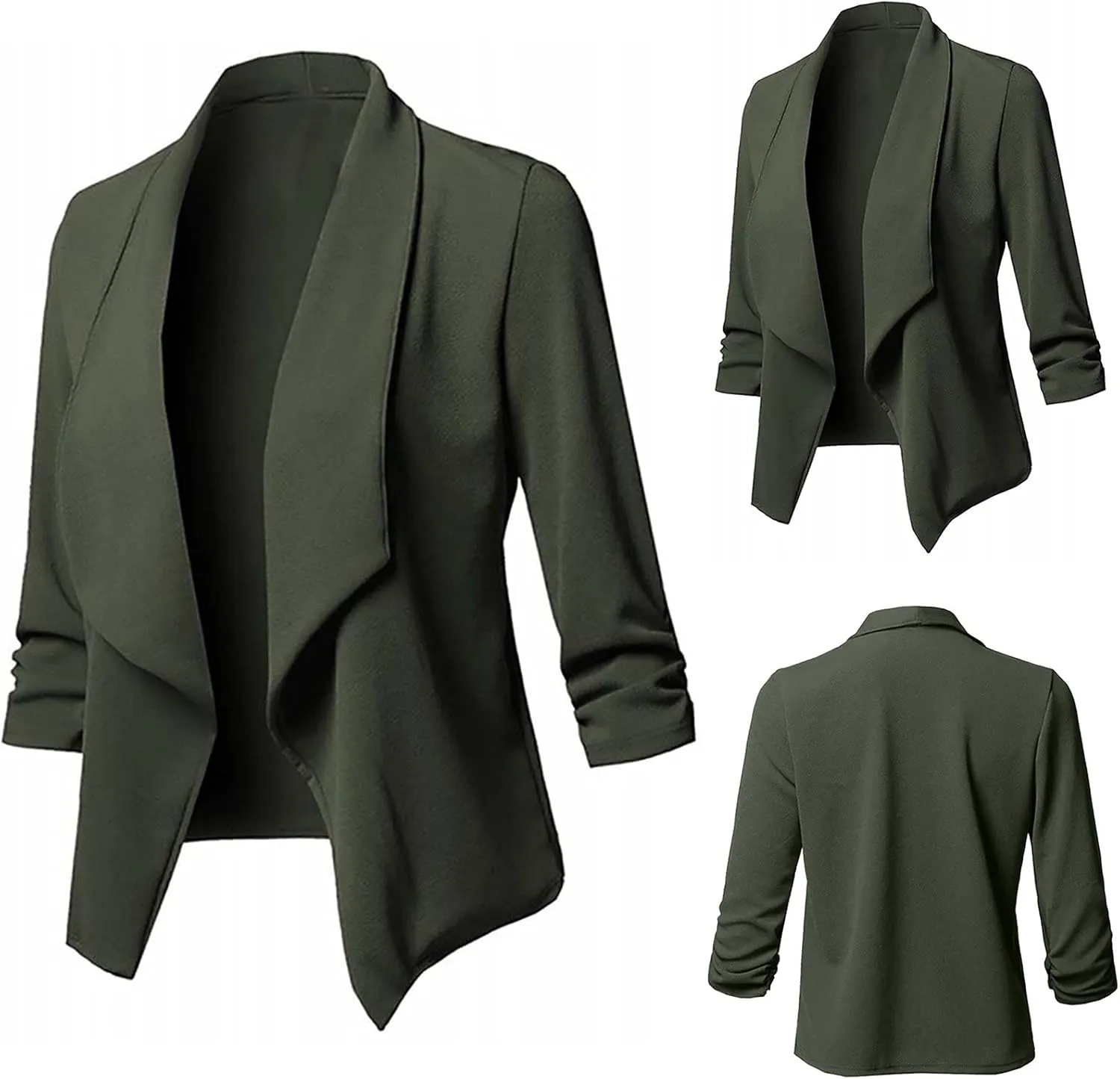 Womens Blazer Stretch 3/4 Gathered Sleeve Open Front Blazer Jackets Casual Lightweight Thin Work Office Blazers