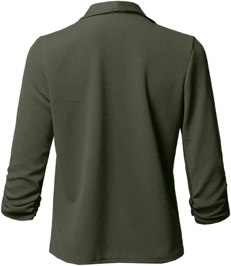 Womens Blazer Stretch 3/4 Gathered Sleeve Open Front Blazer Jackets Casual Lightweight Thin Work Office Blazers
