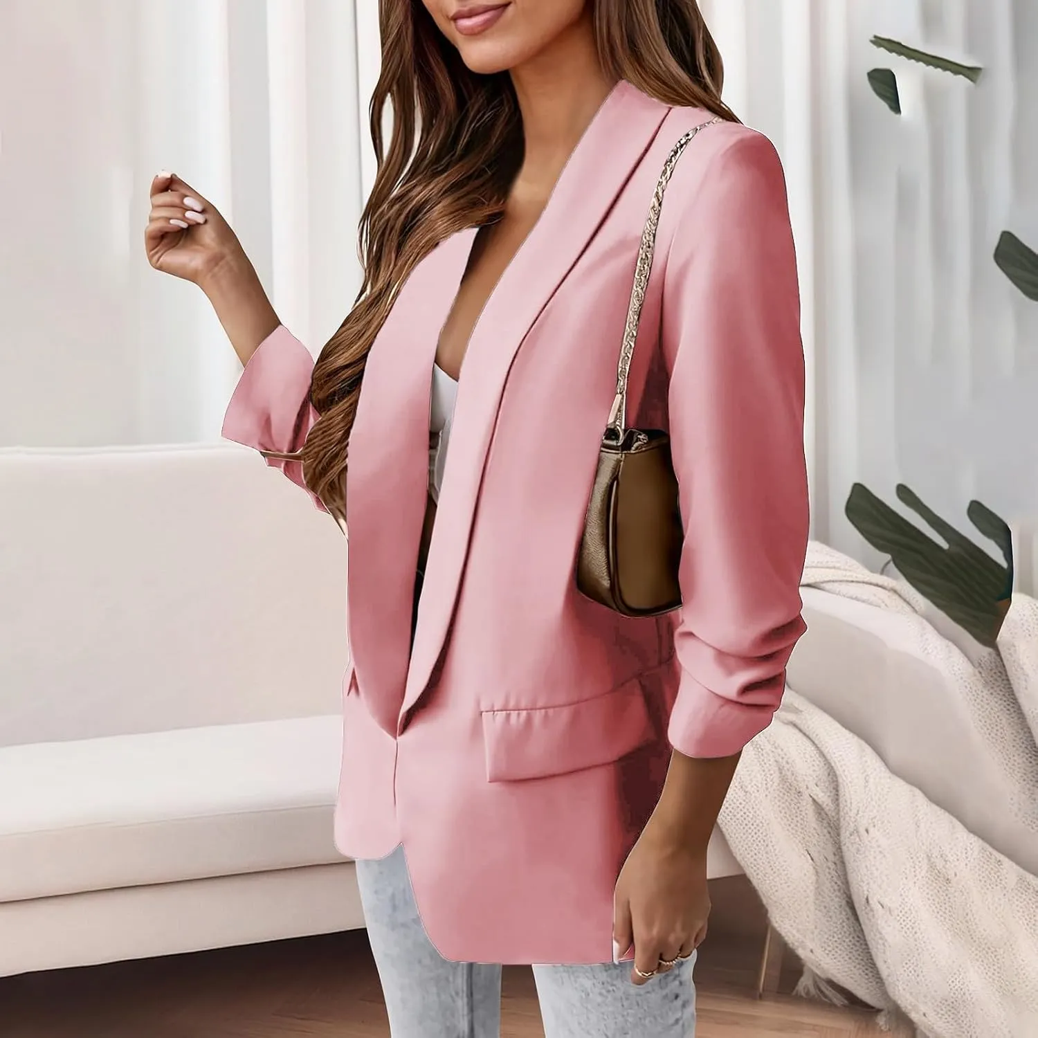 Womens Blazers for Work Casual Business Ladies Tops Open Front Prtite Plaid Blazers Loose Oversized Blazers