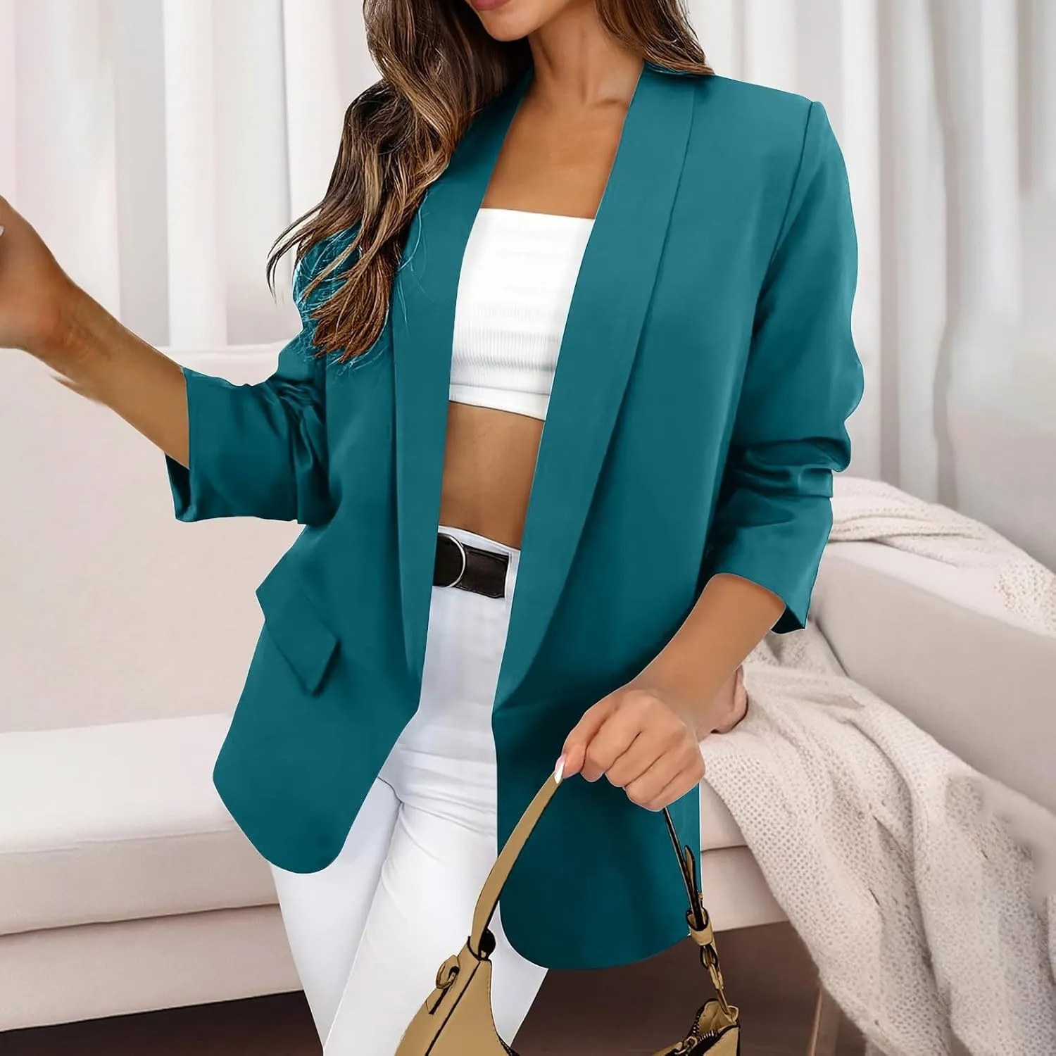 Womens Blazers for Work Casual Business Ladies Tops Open Front Prtite Plaid Blazers Loose Oversized Blazers