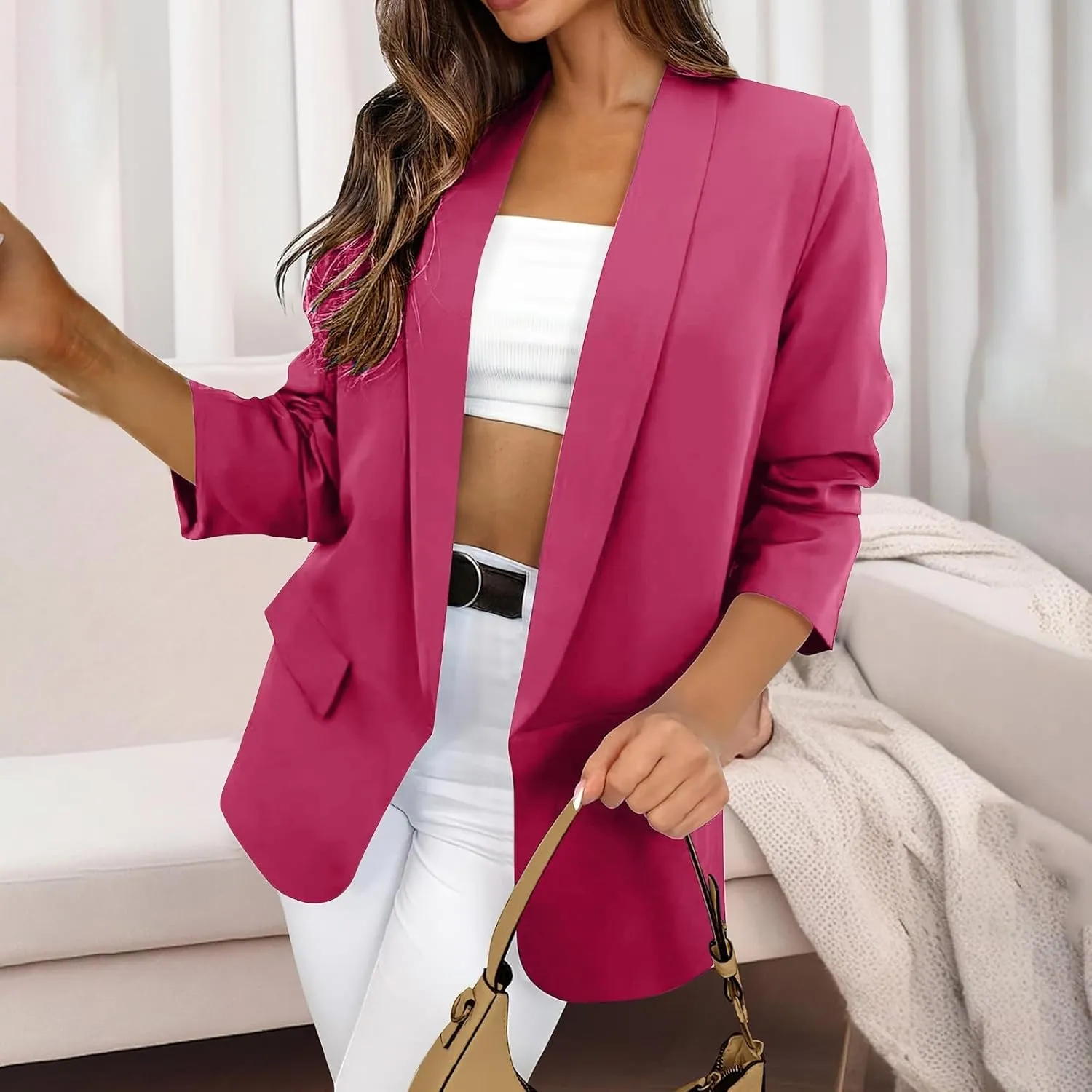 Womens Blazers for Work Casual Business Ladies Tops Open Front Prtite Plaid Blazers Loose Oversized Blazers