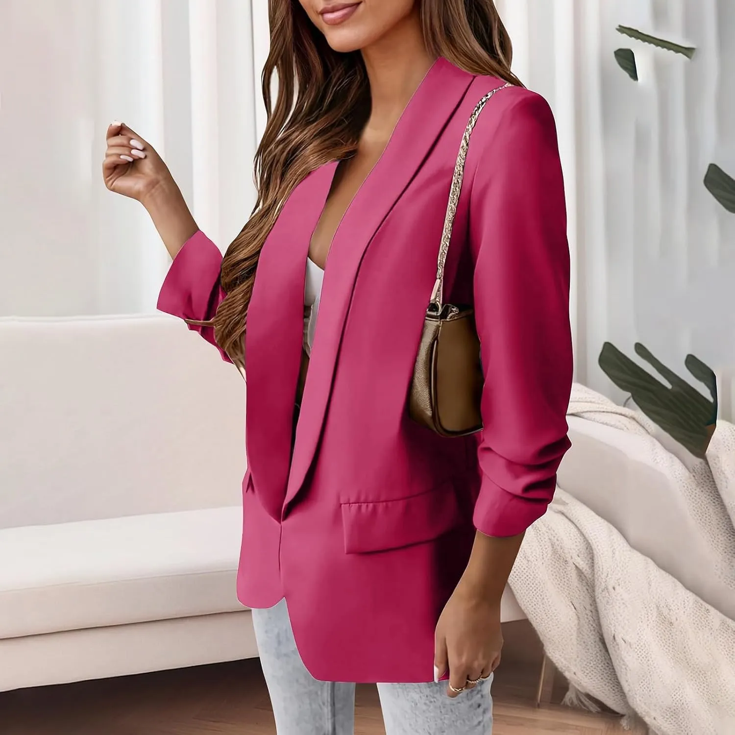 Womens Blazers for Work Casual Business Ladies Tops Open Front Prtite Plaid Blazers Loose Oversized Blazers