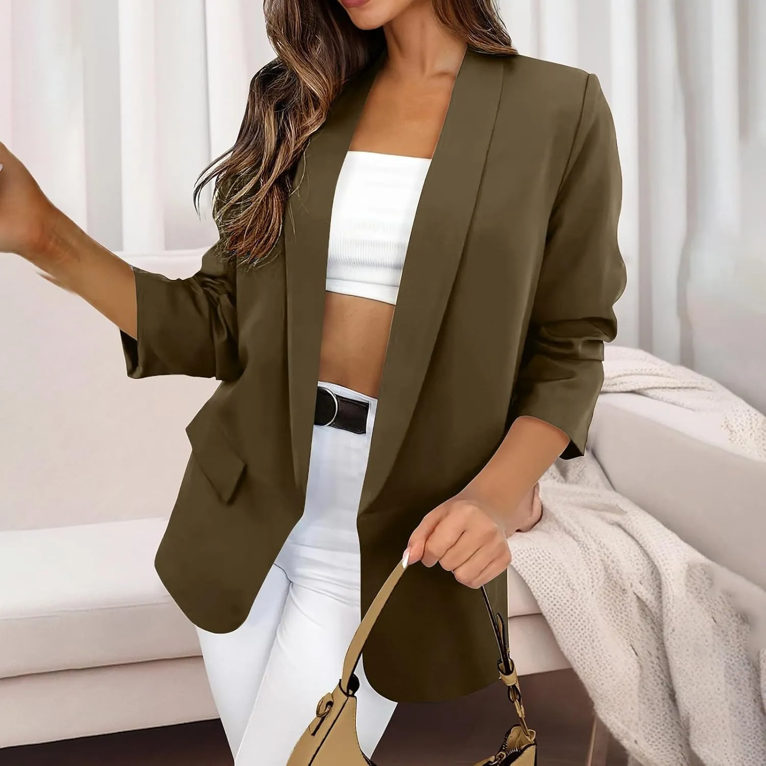 Womens Blazers for Work Casual Business Ladies Tops Open Front Prtite Plaid Blazers Loose Oversized Blazers