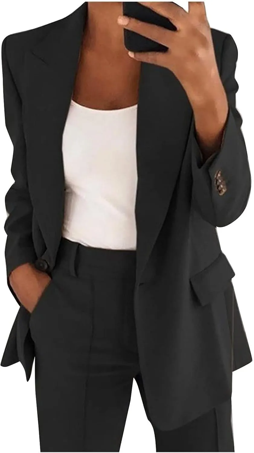 Womens Blazers for Work Casual Long Sleeve Suit Jackets Open Front Button Jackets Trendy Outerwear with Pockets