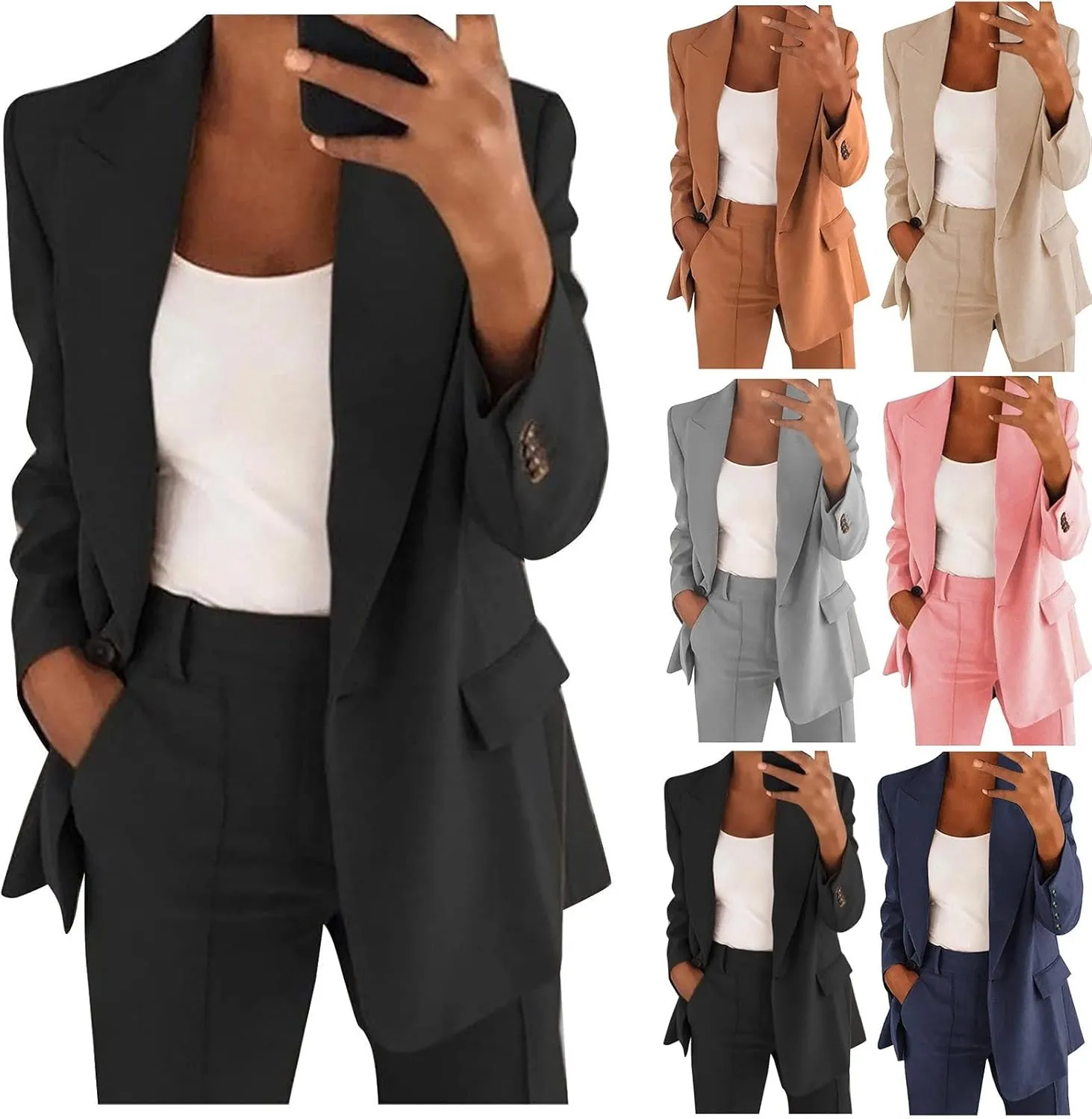 Womens Blazers for Work Casual Long Sleeve Suit Jackets Open Front Button Jackets Trendy Outerwear with Pockets