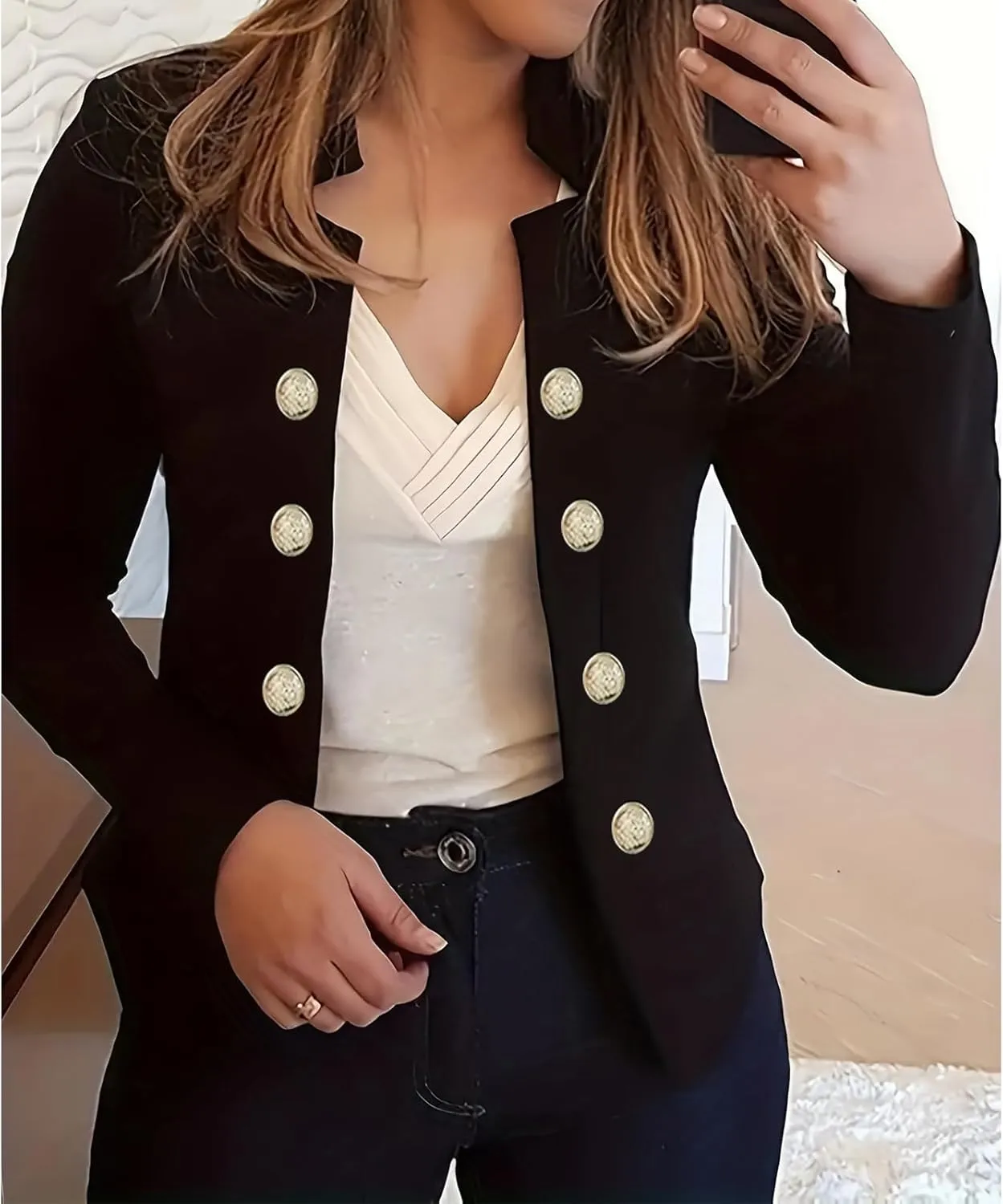 Women's Business Blazers Casual Long Sleeve Office Blazers Trendy Solid Color Gold Button Open Front Suit Jackets