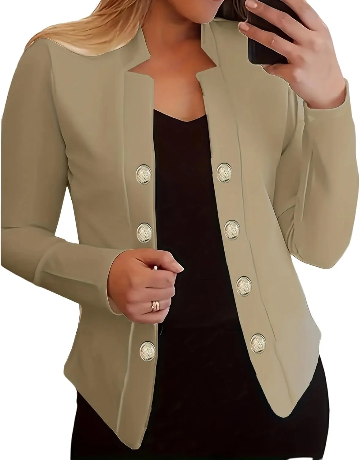 Women's Business Blazers Casual Long Sleeve Office Blazers Trendy Solid Color Gold Button Open Front Suit Jackets