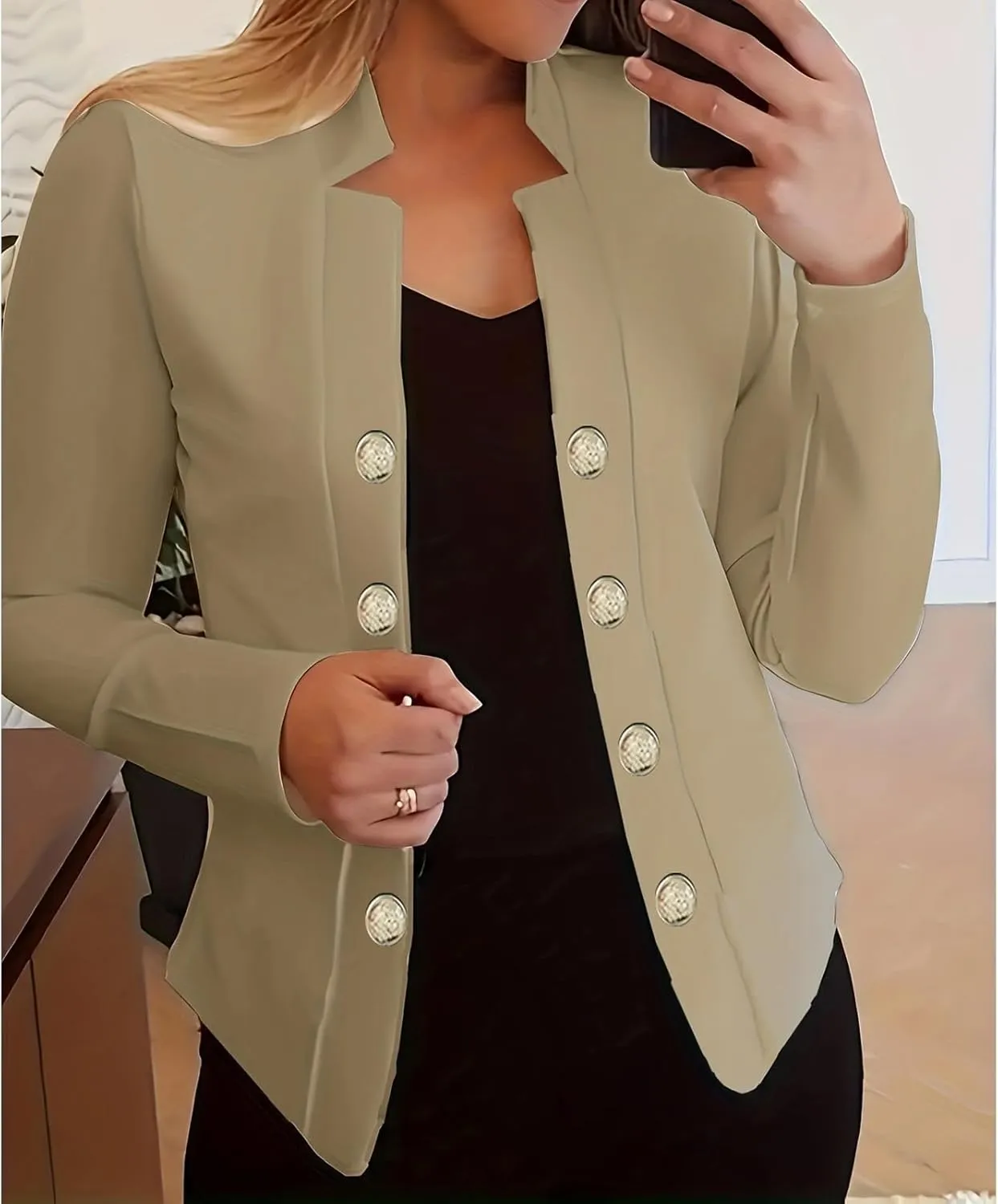 Women's Business Blazers Casual Long Sleeve Office Blazers Trendy Solid Color Gold Button Open Front Suit Jackets