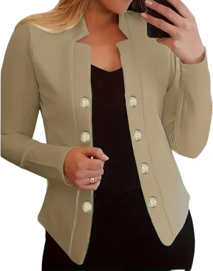 Women's Business Blazers Casual Long Sleeve Office Blazers Trendy Solid Color Gold Button Open Front Suit Jackets