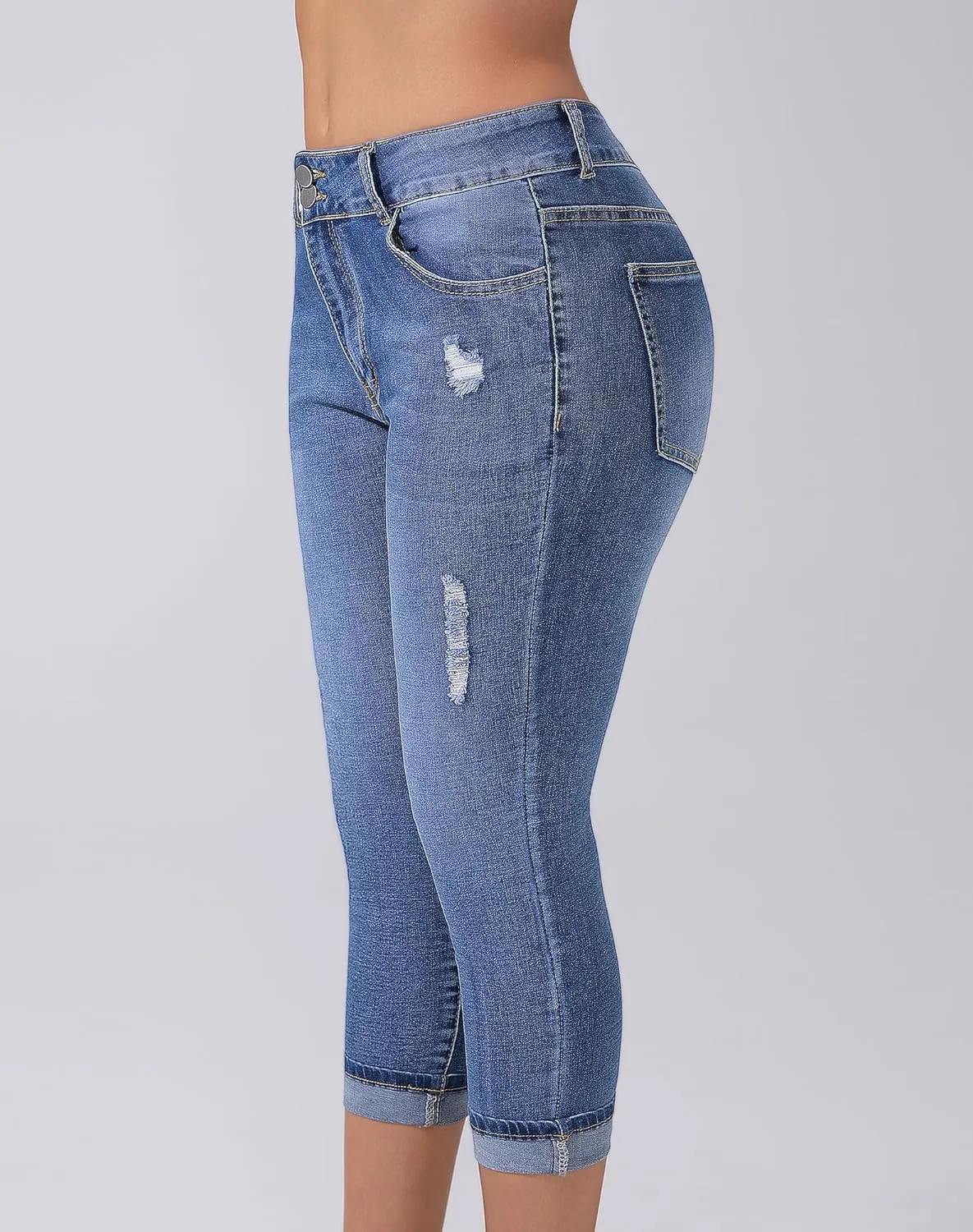 Women's Capri Pants Skinny Stretchy Ripped High Waisted Cuffed Denim Jeans