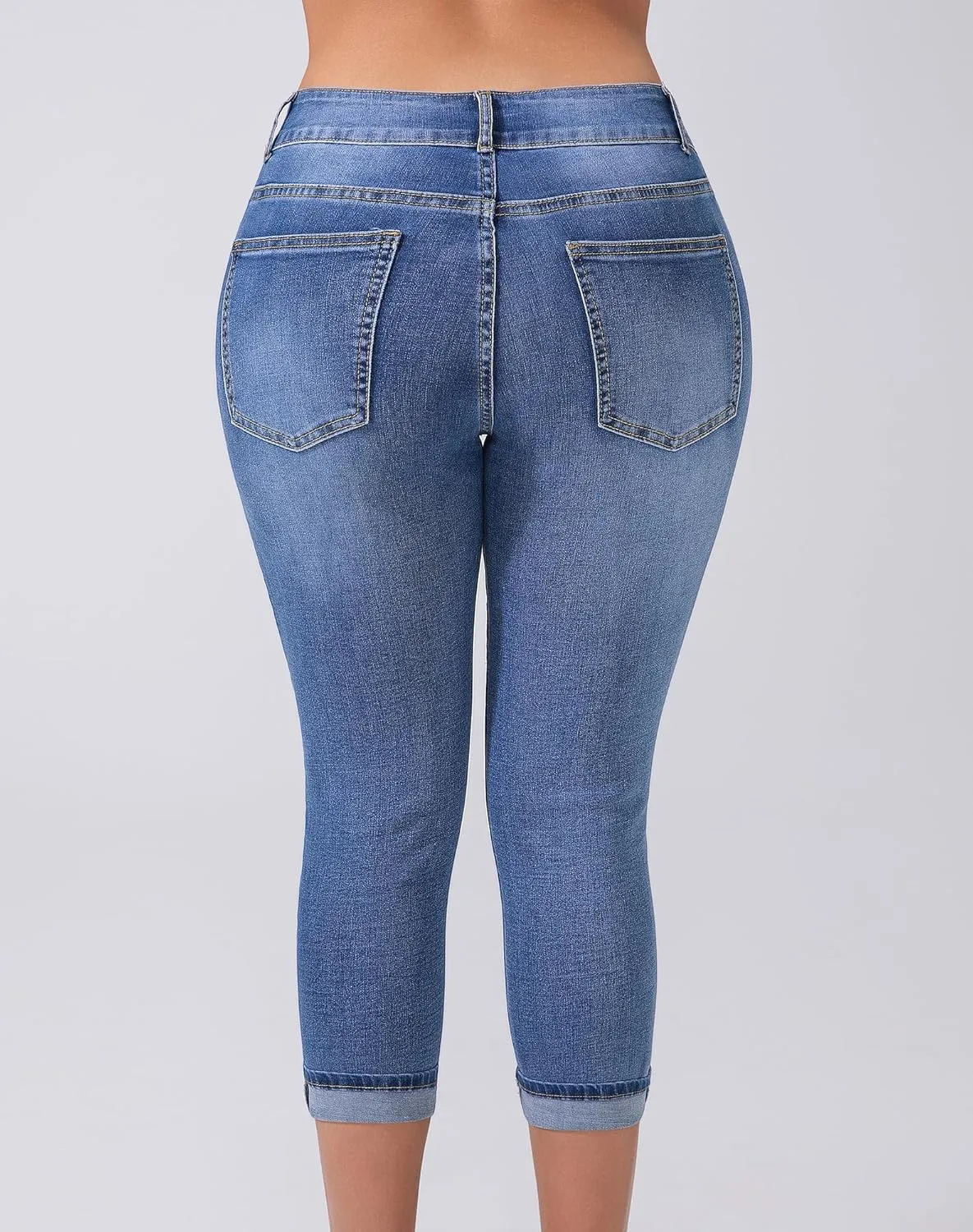 Women's Capri Pants Skinny Stretchy Ripped High Waisted Cuffed Denim Jeans
