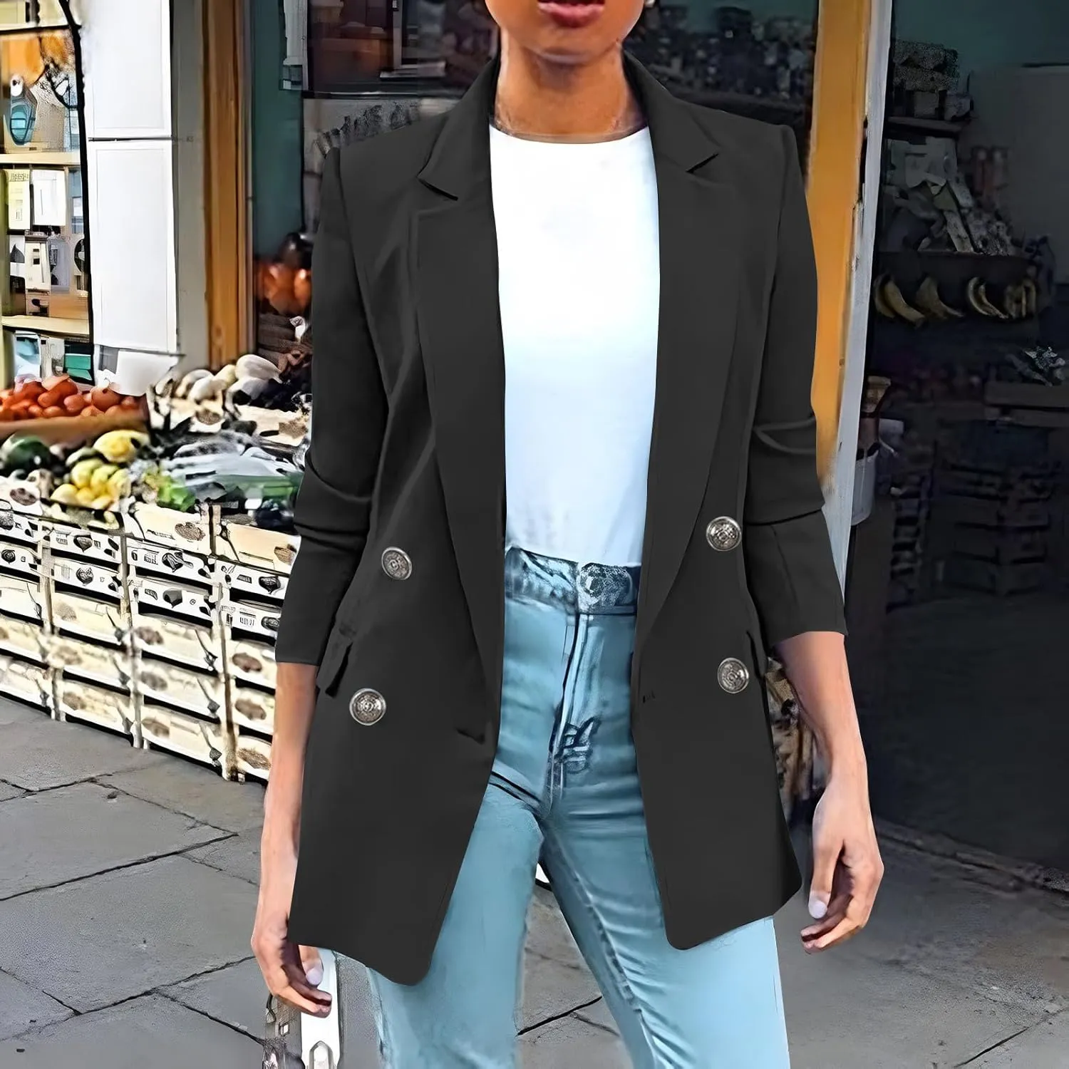 Womens Casual Blazer 2025 Long Sleeve Open Front Work Office Suit Jackets Lapel Button Blazer Jackets with Pockets