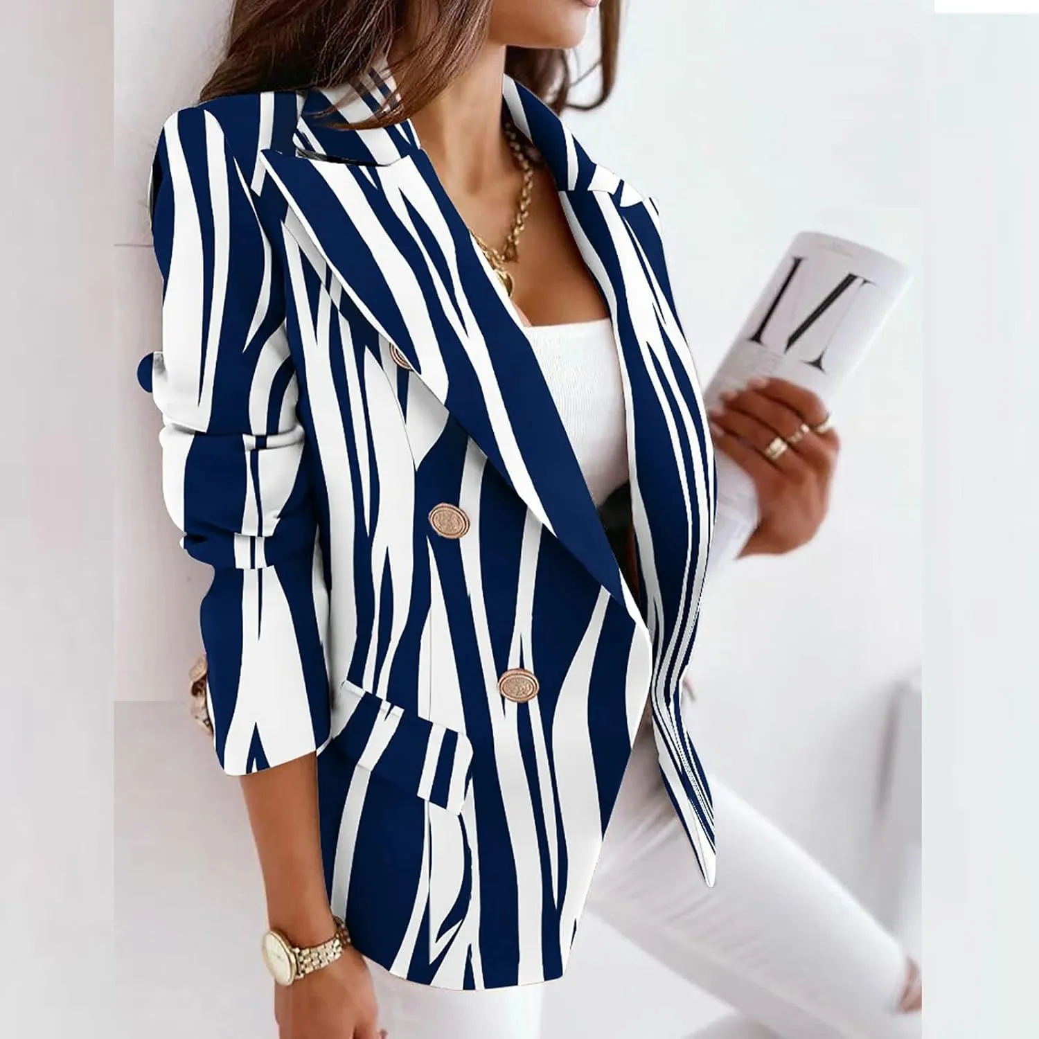 Womens Casual Blazer Jacket Long Sleeve Work 0ffice Blazer Chain Print Button Front Lapel Jackets Business Outerwear