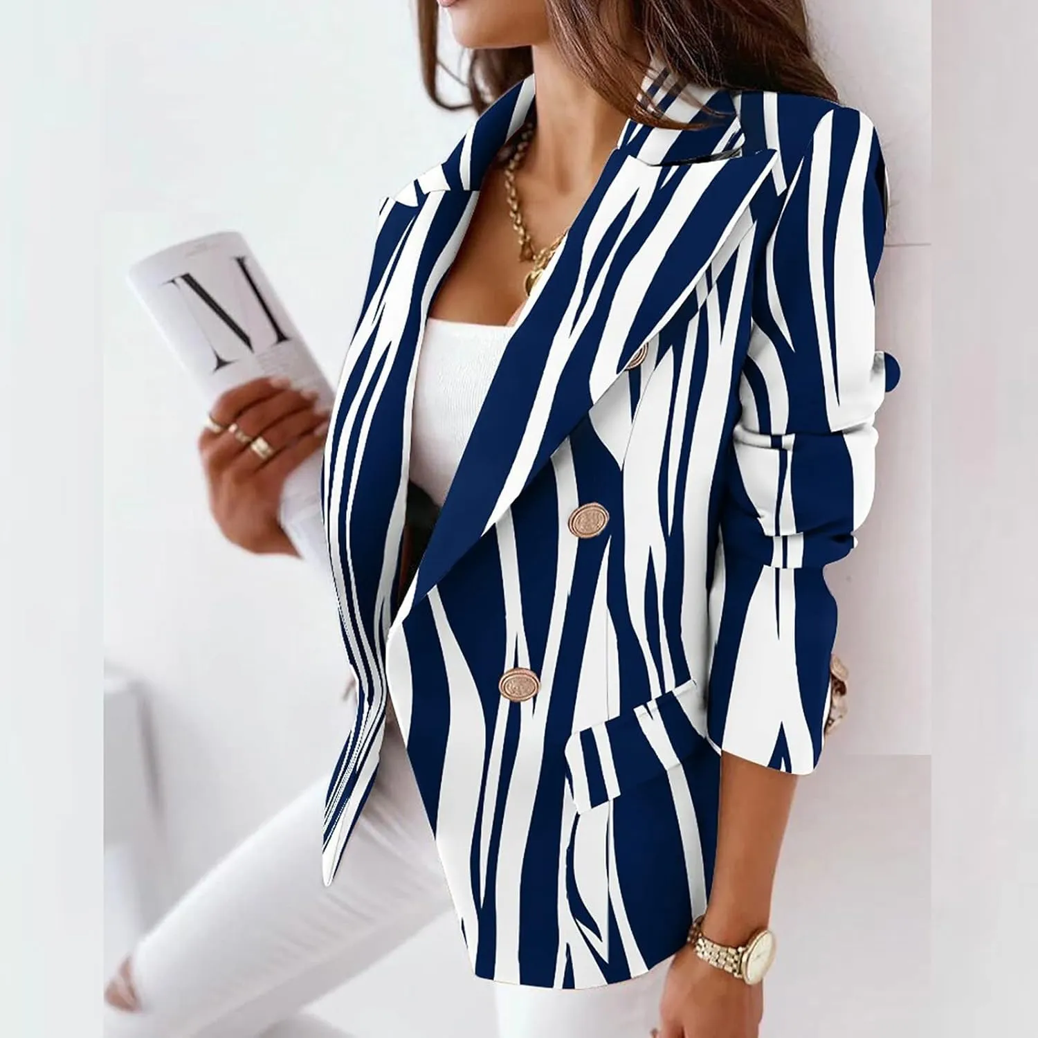 Womens Casual Blazer Jacket Long Sleeve Work 0ffice Blazer Chain Print Button Front Lapel Jackets Business Outerwear