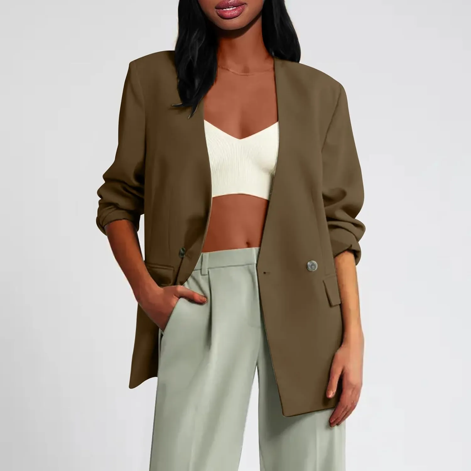 Womens Casual Blazers Dressy Button Lapel Long Sleeve Work Business Jackets Lightweight Collarless Open Front Blazer
