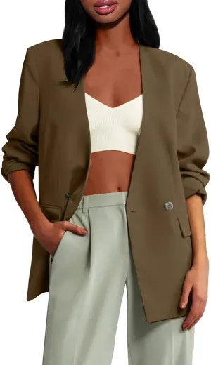 Womens Casual Blazers Dressy Button Lapel Long Sleeve Work Business Jackets Lightweight Collarless Open Front Blazer