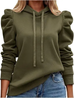 Womens Casual Cropped Hoodies Long Puff Sleeve Crop Tunics Pullover Drawstring Cute Tops Trendy Fall Outfits 2024