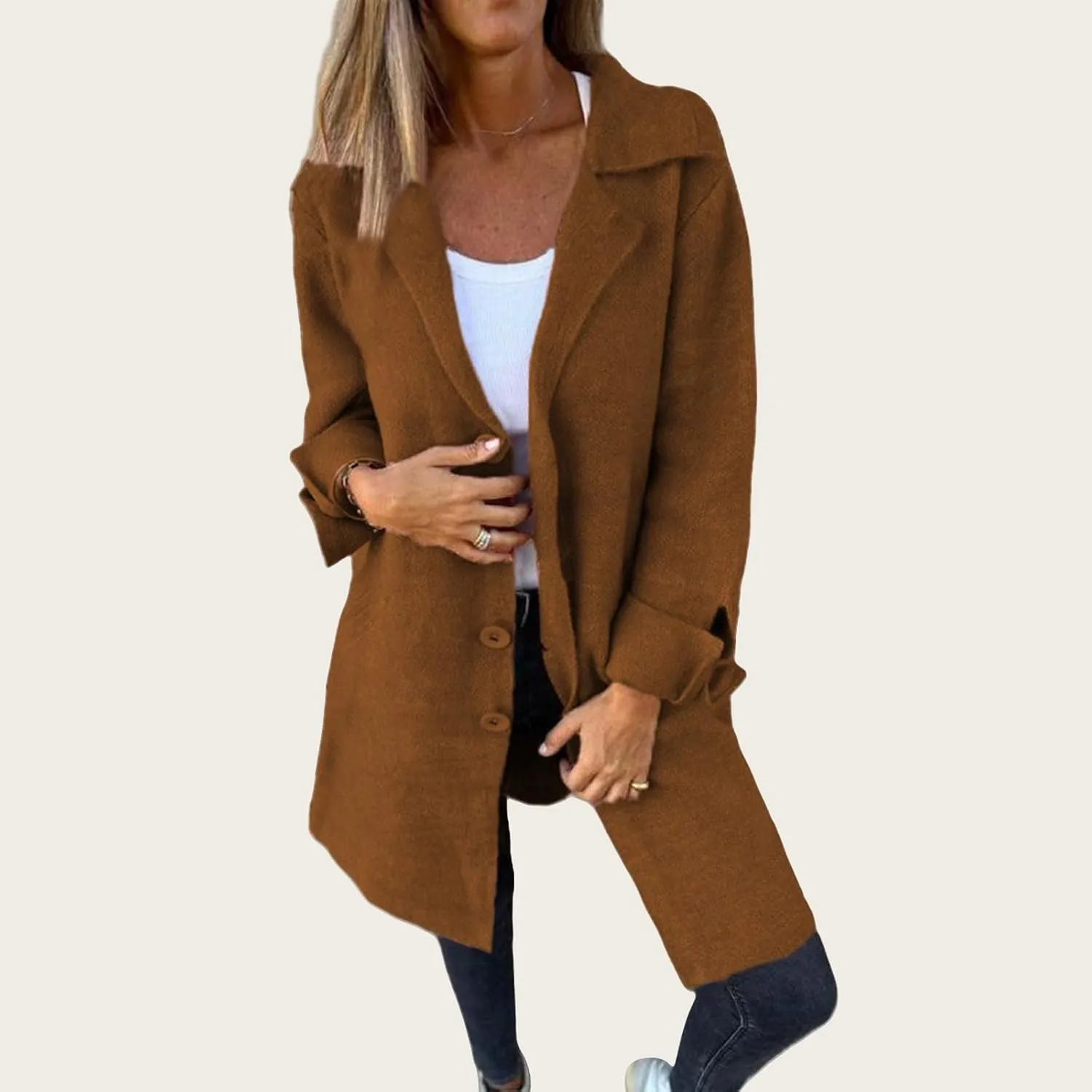 Womens Casual Jackets Long Sleeve Notched Collar Jacket Single Breasted Open Front Trench Coat Loose Fit Knit Coat
