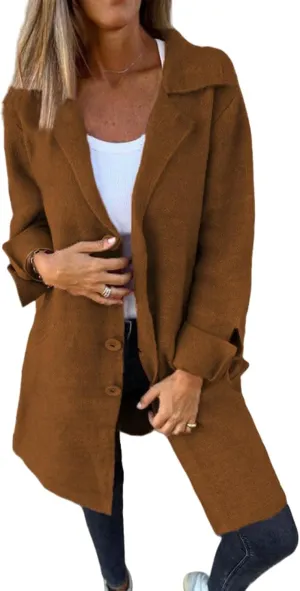 Womens Casual Jackets Long Sleeve Notched Collar Jacket Single Breasted Open Front Trench Coat Loose Fit Knit Coat