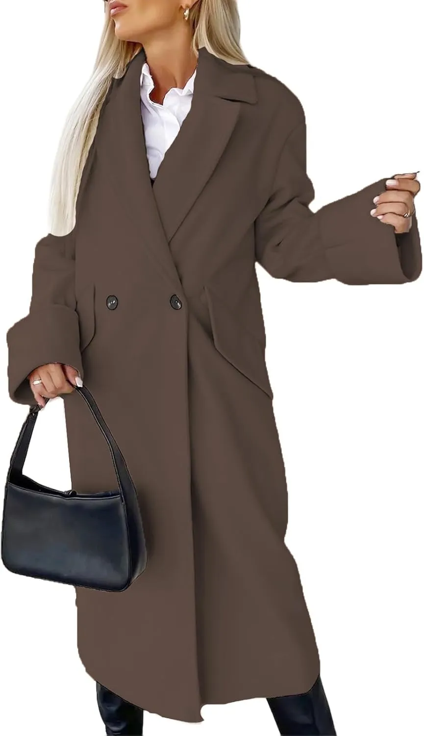 Women's Collar Work Double Breasted Maxi Long Pea Coats Oversized Double Breasted Long Trench Overcoat Winter