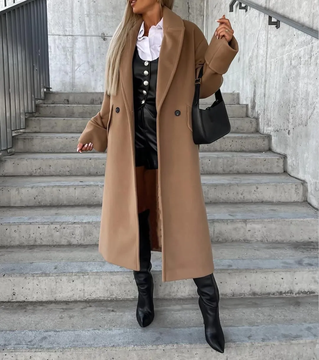 Women's Collar Work Double Breasted Maxi Long Pea Coats Oversized Double Breasted Long Trench Overcoat Winter