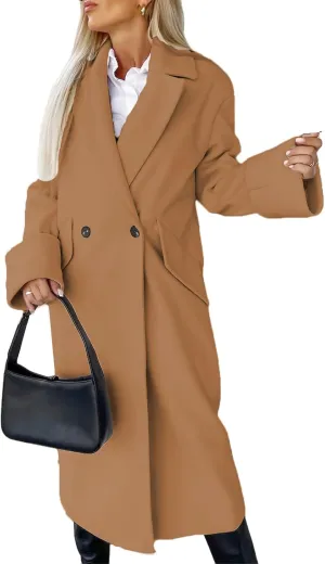 Women's Collar Work Double Breasted Maxi Long Pea Coats Oversized Double Breasted Long Trench Overcoat Winter