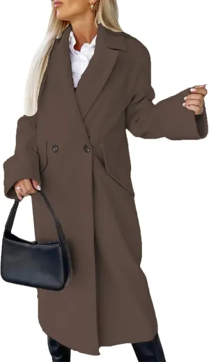 Women's Collar Work Double Breasted Maxi Long Pea Coats Oversized Double Breasted Long Trench Overcoat Winter