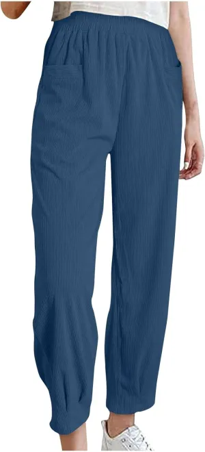 Womens Corduroy Pants High Waisted Cuffed Pants Casual Elastic Waist Sweatpants Baggy Vintage Trousers with Pockets