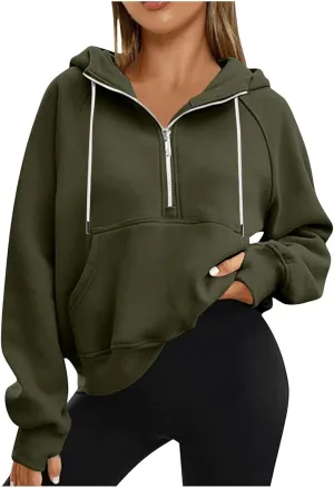 Womens Cropped Hoodies Half Zip Pullover Fall Fashion Quarter Zipper Fleece Sweatshirts 2024 Fall Outfits Thumb Hole