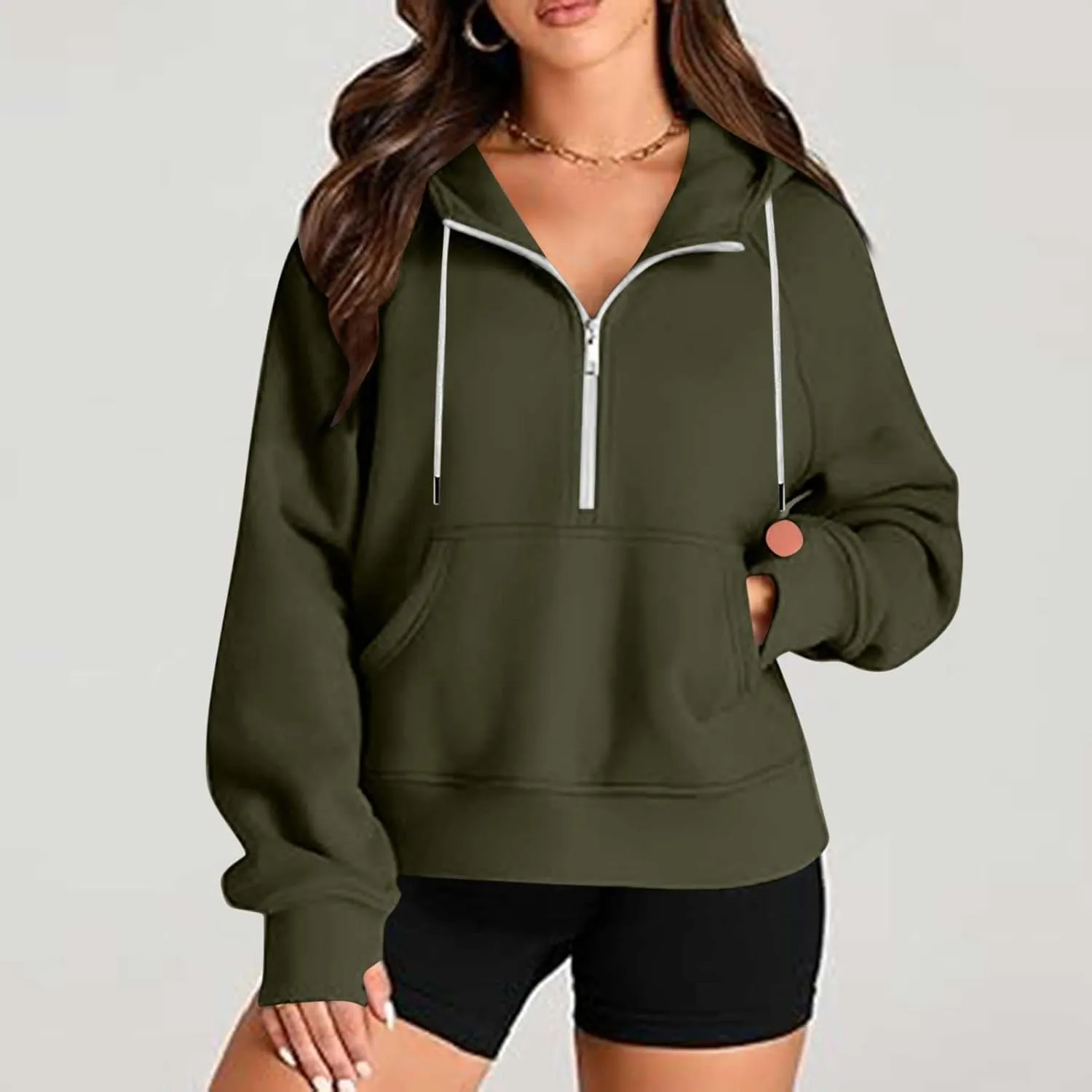 Womens Cropped Hoodies Half Zip Pullover Fall Fashion Quarter Zipper Fleece Sweatshirts 2024 Fall Outfits Thumb Hole