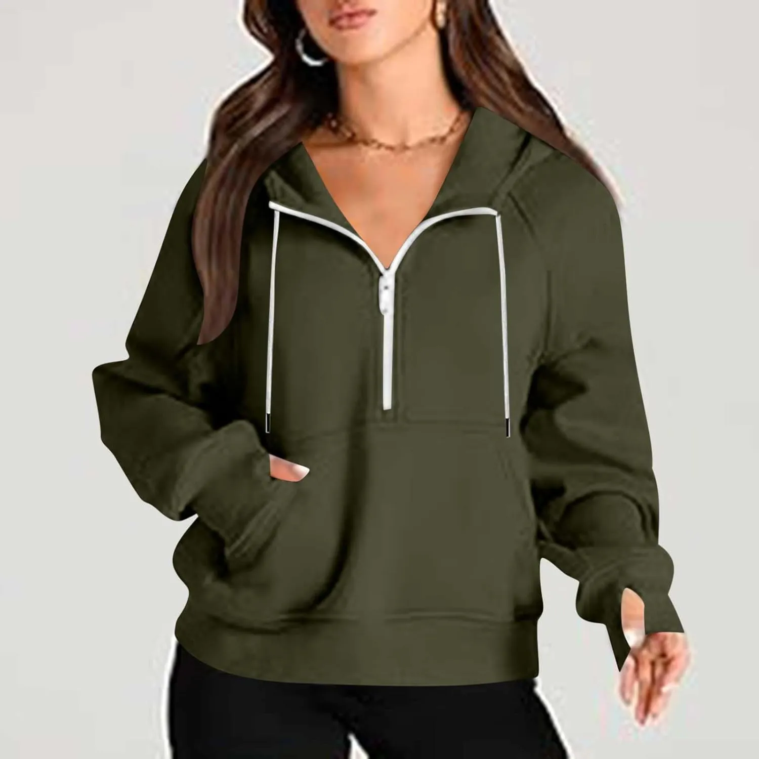 Womens Cropped Hoodies Half Zip Pullover Fall Fashion Quarter Zipper Fleece Sweatshirts 2024 Fall Outfits Thumb Hole
