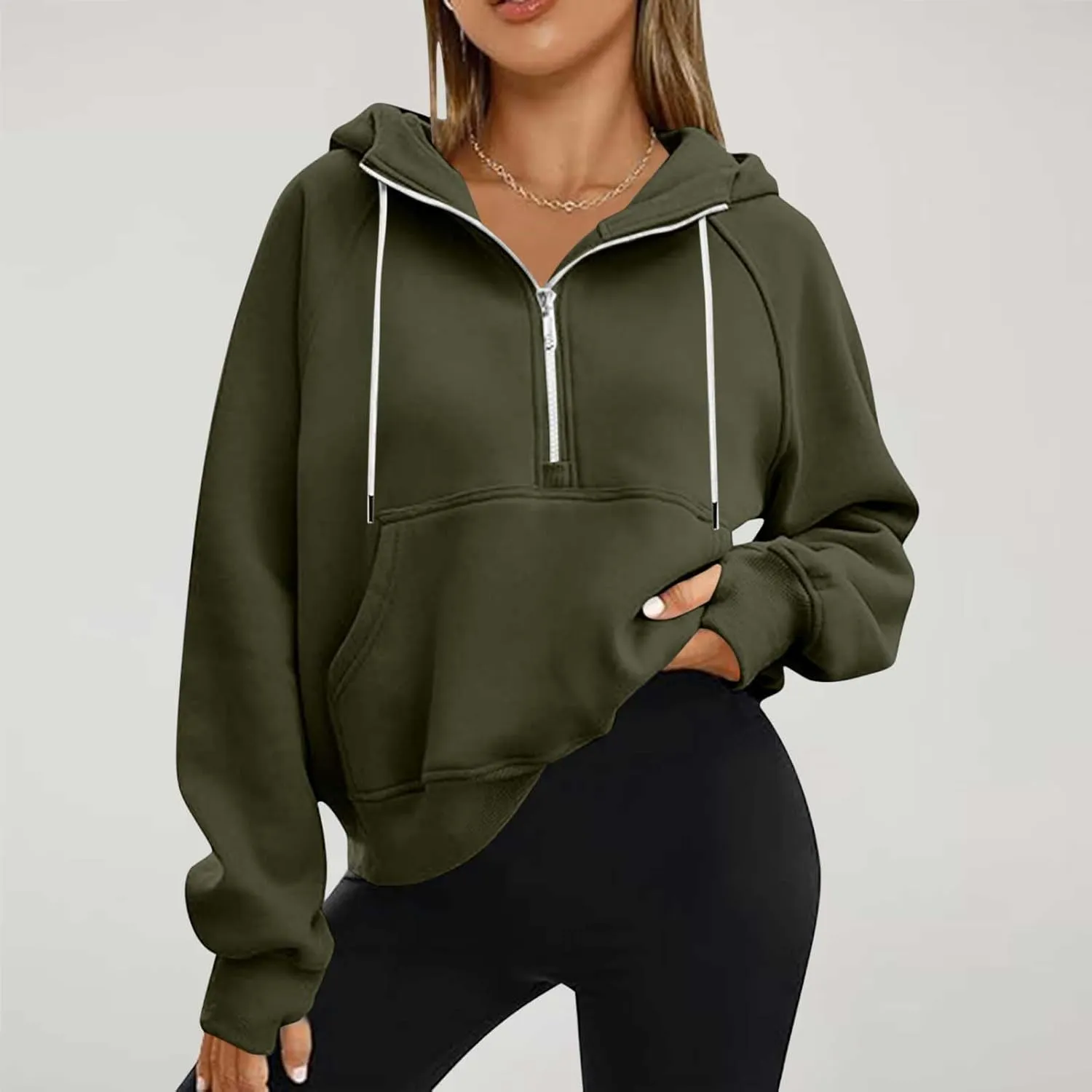 Womens Cropped Hoodies Half Zip Pullover Fall Fashion Quarter Zipper Fleece Sweatshirts 2024 Fall Outfits Thumb Hole