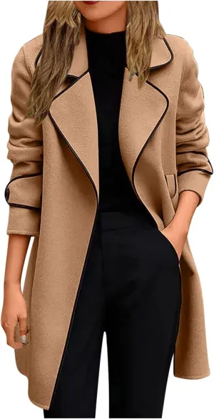 Women's Elegant Trench Coat Notched Collar Overcoat Wool Blend Pea Coats Long Sleeve Lapel Cardigan Classic Peacoat Brown