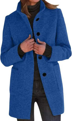 Womens Fall Winter Wool Coats Casual Notch Stand Collar Single Breasted Peacoat Thicken Blazer Jacket