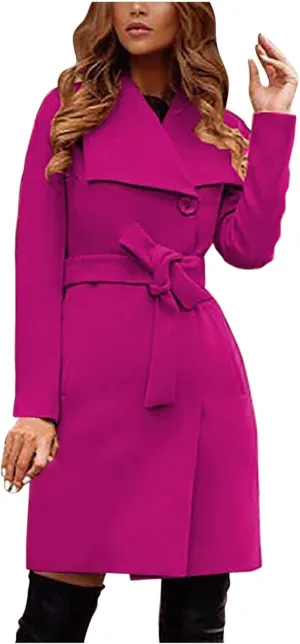 Women's Faux Wool Trench Coat Notch Lapel Winter Wool Blend Slim Fit Open Front Cardigan Belted Long Jackets 2022