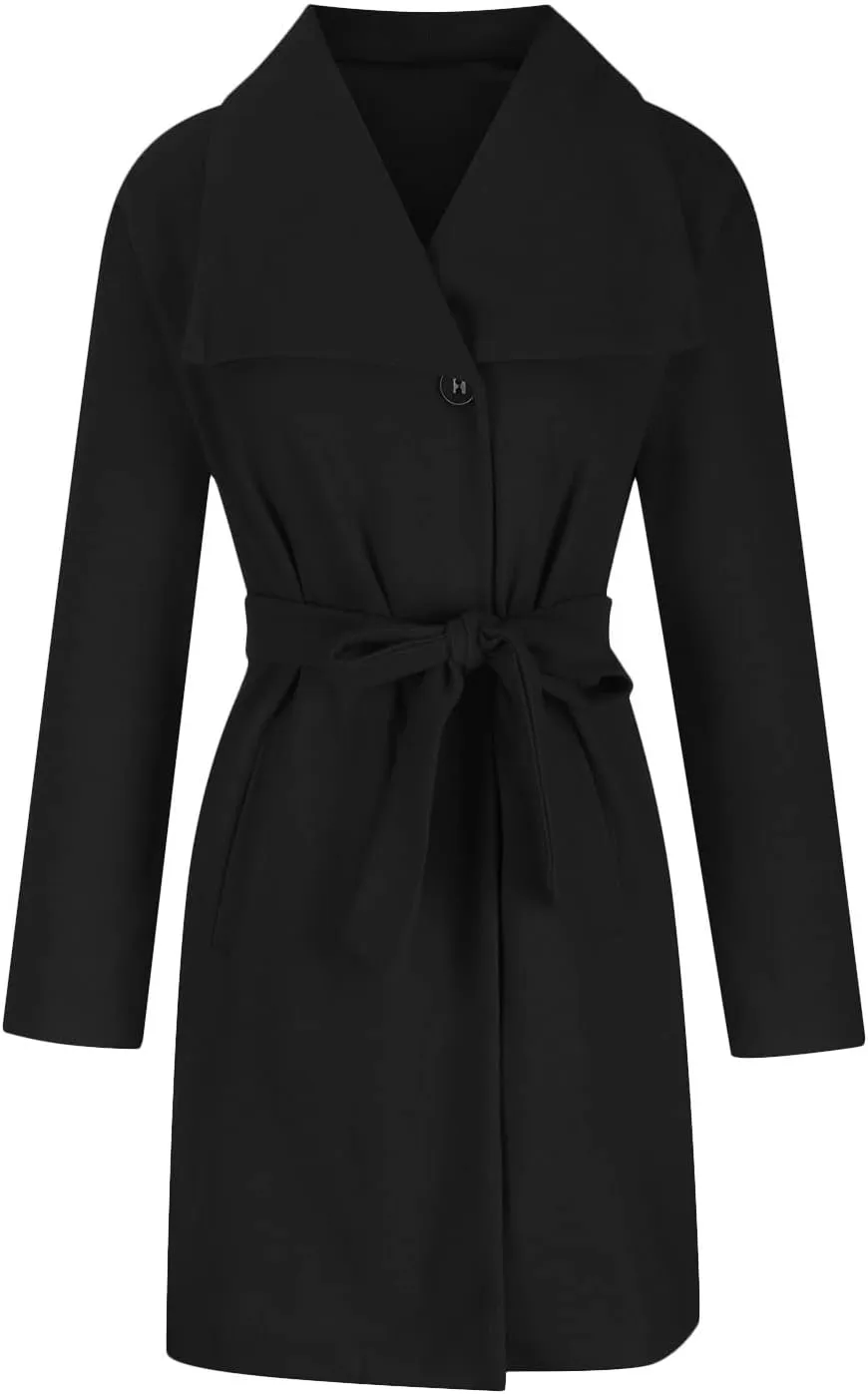 Women's Faux Wool Trench Coat Notch Lapel Winter Wool Blend Slim Fit Open Front Cardigan Belted Long Jackets 2022