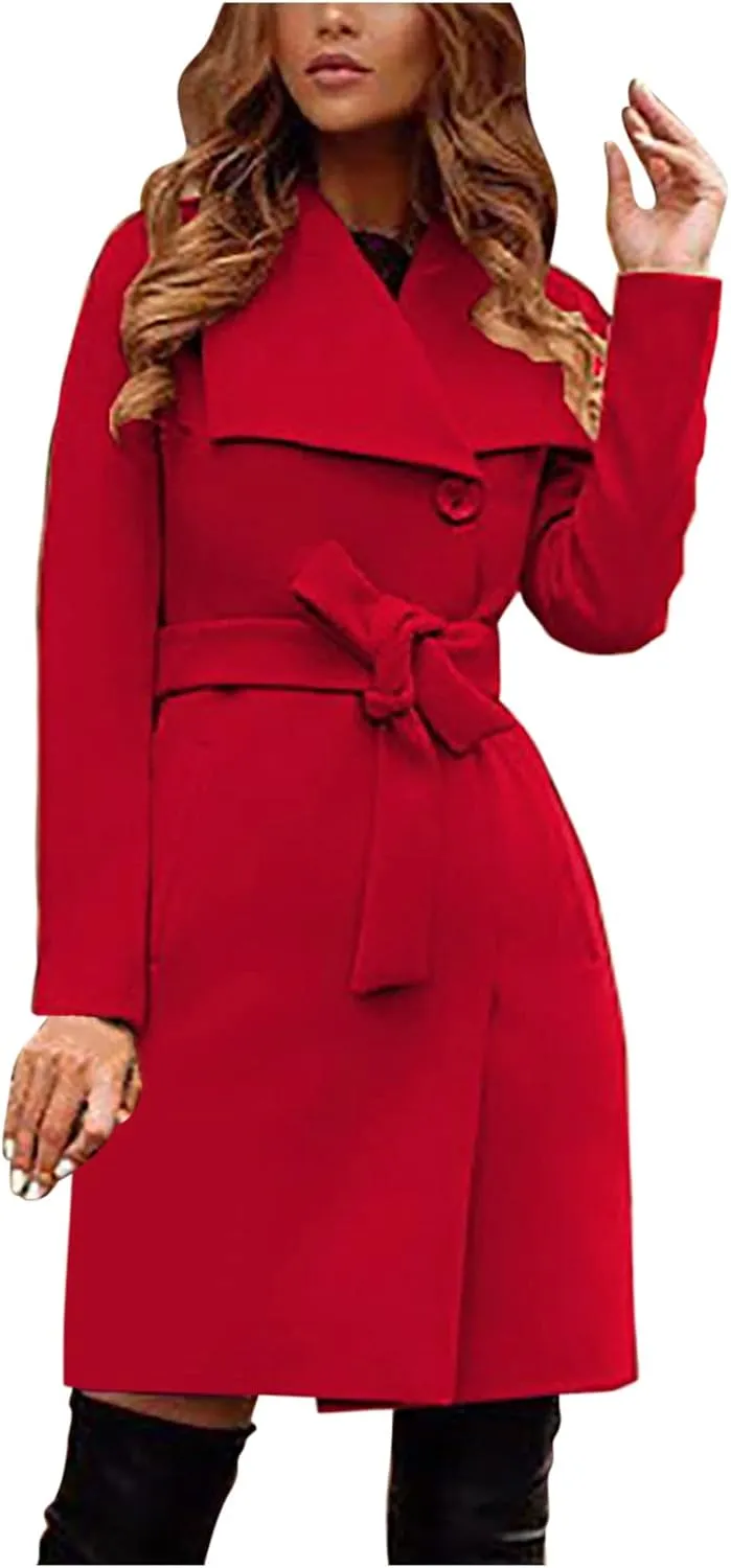 Women's Faux Wool Trench Coat Notch Lapel Winter Wool Blend Slim Fit Open Front Cardigan Belted Long Jackets 2022