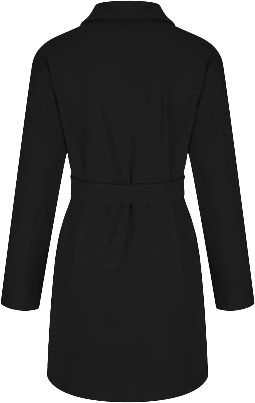 Women's Faux Wool Trench Coat Notch Lapel Winter Wool Blend Slim Fit Open Front Cardigan Belted Long Jackets 2022