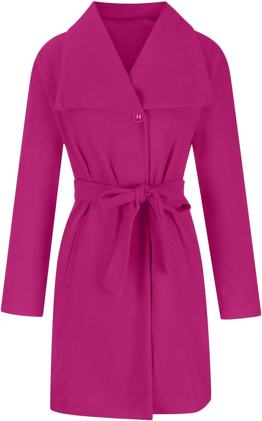 Women's Faux Wool Trench Coat Notch Lapel Winter Wool Blend Slim Fit Open Front Cardigan Belted Long Jackets 2022