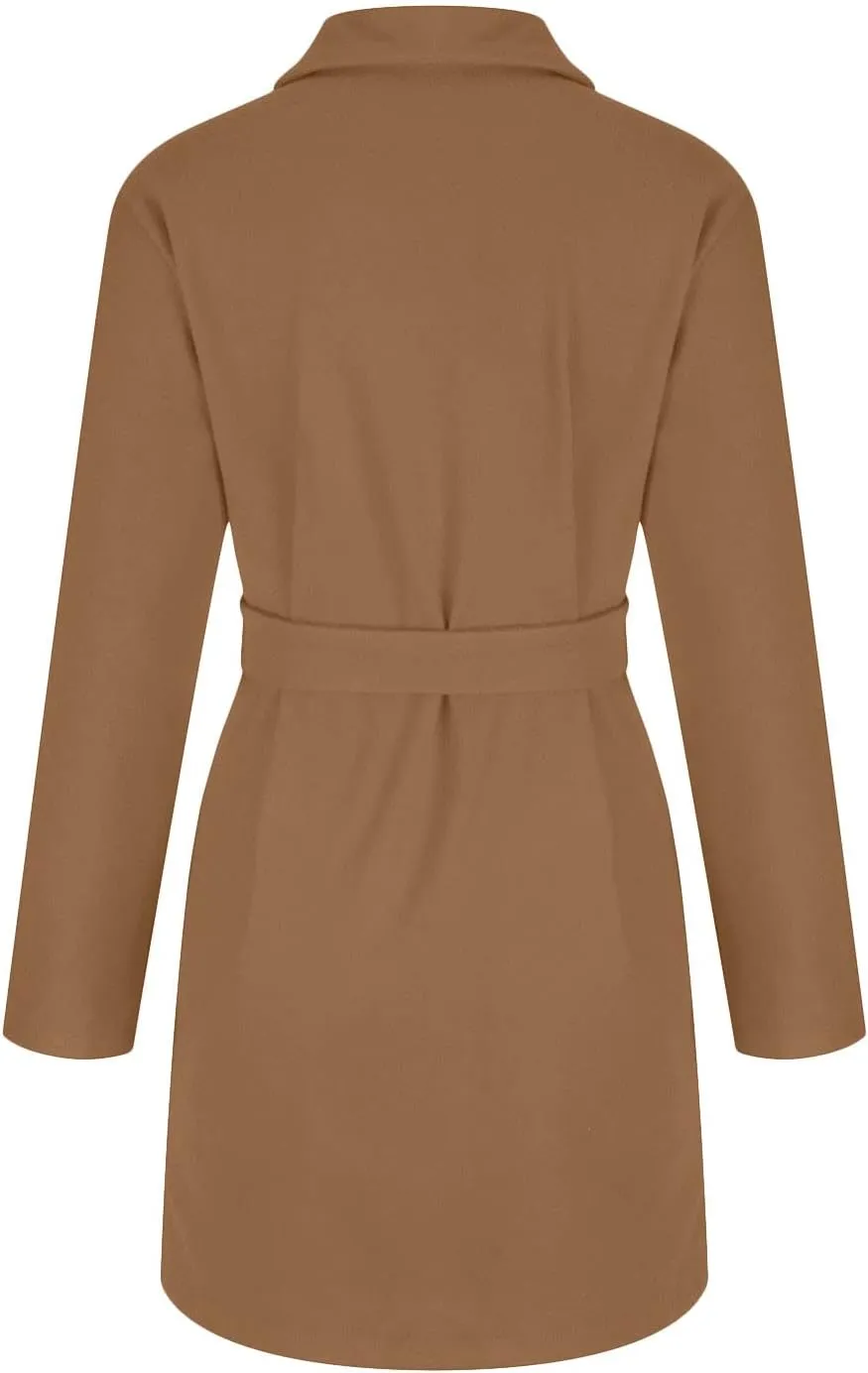 Women's Faux Wool Trench Coat Notch Lapel Winter Wool Blend Slim Fit Open Front Cardigan Belted Long Jackets 2022