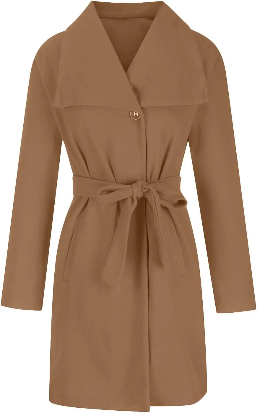 Women's Faux Wool Trench Coat Notch Lapel Winter Wool Blend Slim Fit Open Front Cardigan Belted Long Jackets 2022
