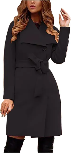 Women's Faux Wool Trench Coat Notch Lapel Winter Wool Blend Slim Fit Open Front Cardigan Belted Long Jackets 2022