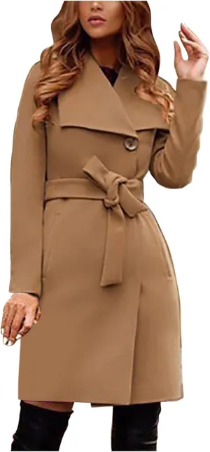 Women's Faux Wool Trench Coat Notch Lapel Winter Wool Blend Slim Fit Open Front Cardigan Belted Long Jackets 2022