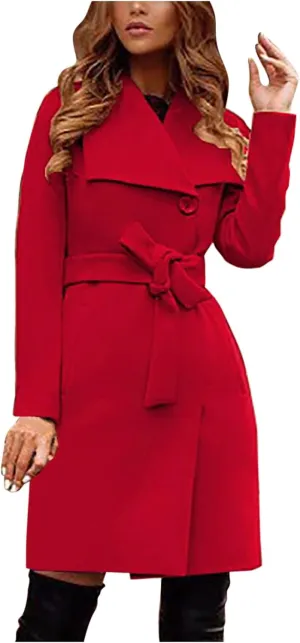 Women's Faux Wool Trench Coat Notch Lapel Winter Wool Blend Slim Fit Open Front Cardigan Belted Long Jackets 2022