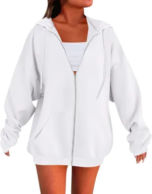 Womens Fleece Zip Up Jacket Oversized Long Sleeve Zip Up Pullover Casual Comfy Drawstring Hoodies with Pockets