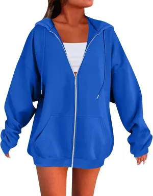 Womens Fleece Zip Up Jacket Oversized Long Sleeve Zip Up Pullover Casual Comfy Drawstring Hoodies with Pockets