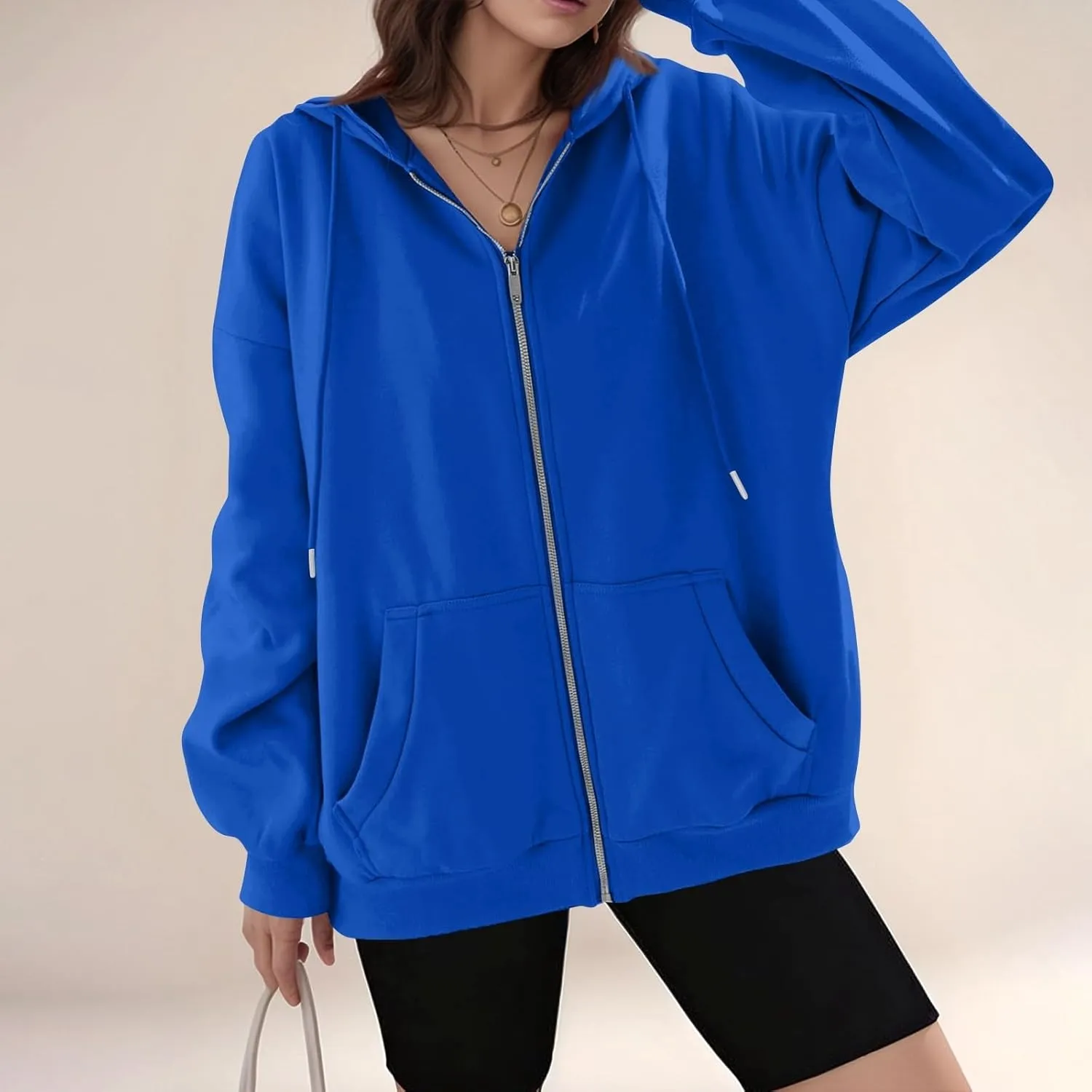 Womens Fleece Zip Up Jacket Oversized Long Sleeve Zip Up Pullover Casual Comfy Drawstring Hoodies with Pockets