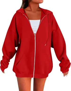 Womens Fleece Zip Up Jacket Oversized Long Sleeve Zip Up Pullover Casual Comfy Drawstring Hoodies with Pockets